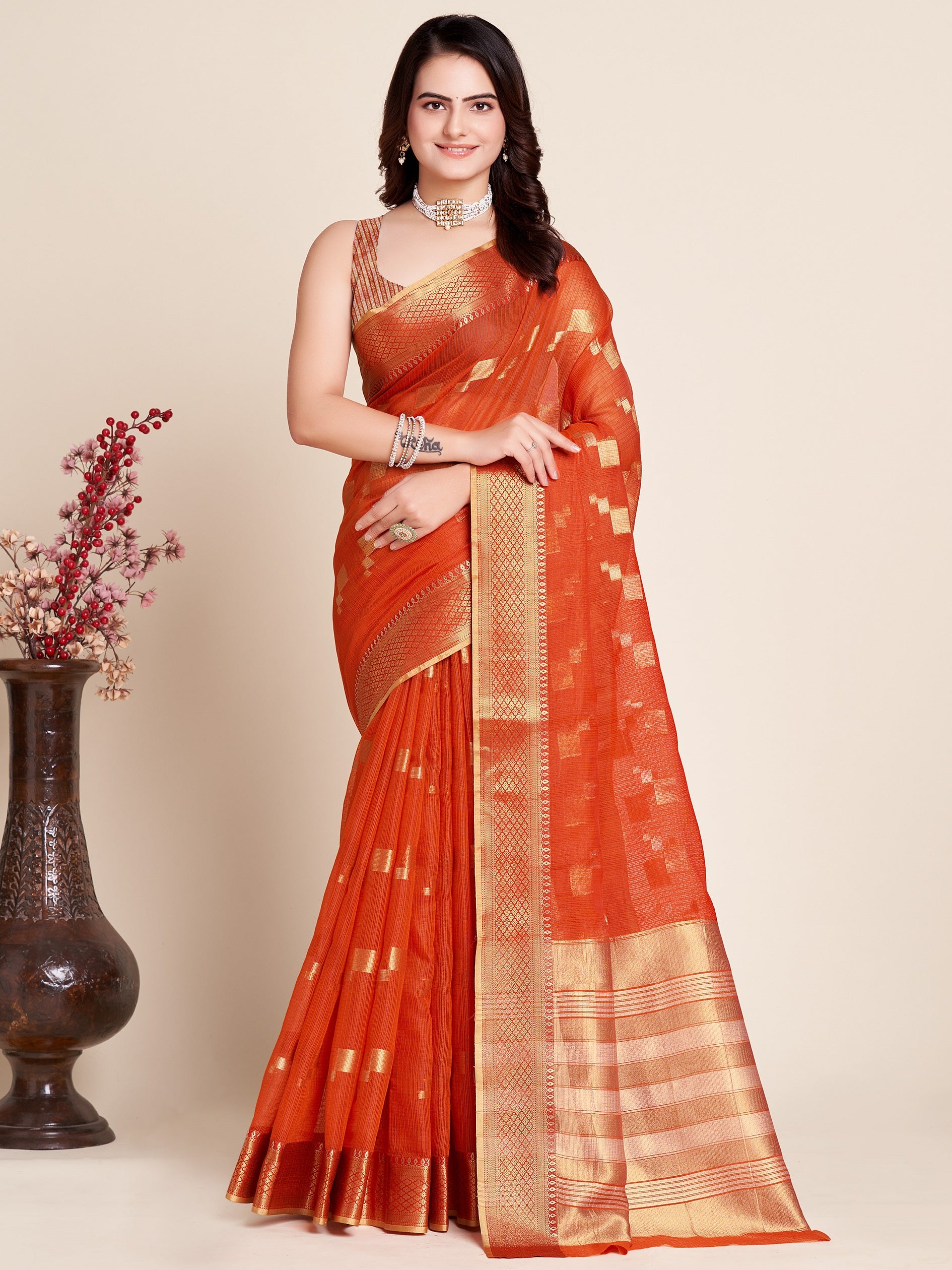 Vedant Vastram Cotton Silk Silk Jacquard Fancy Saree - Tomato - Distacart