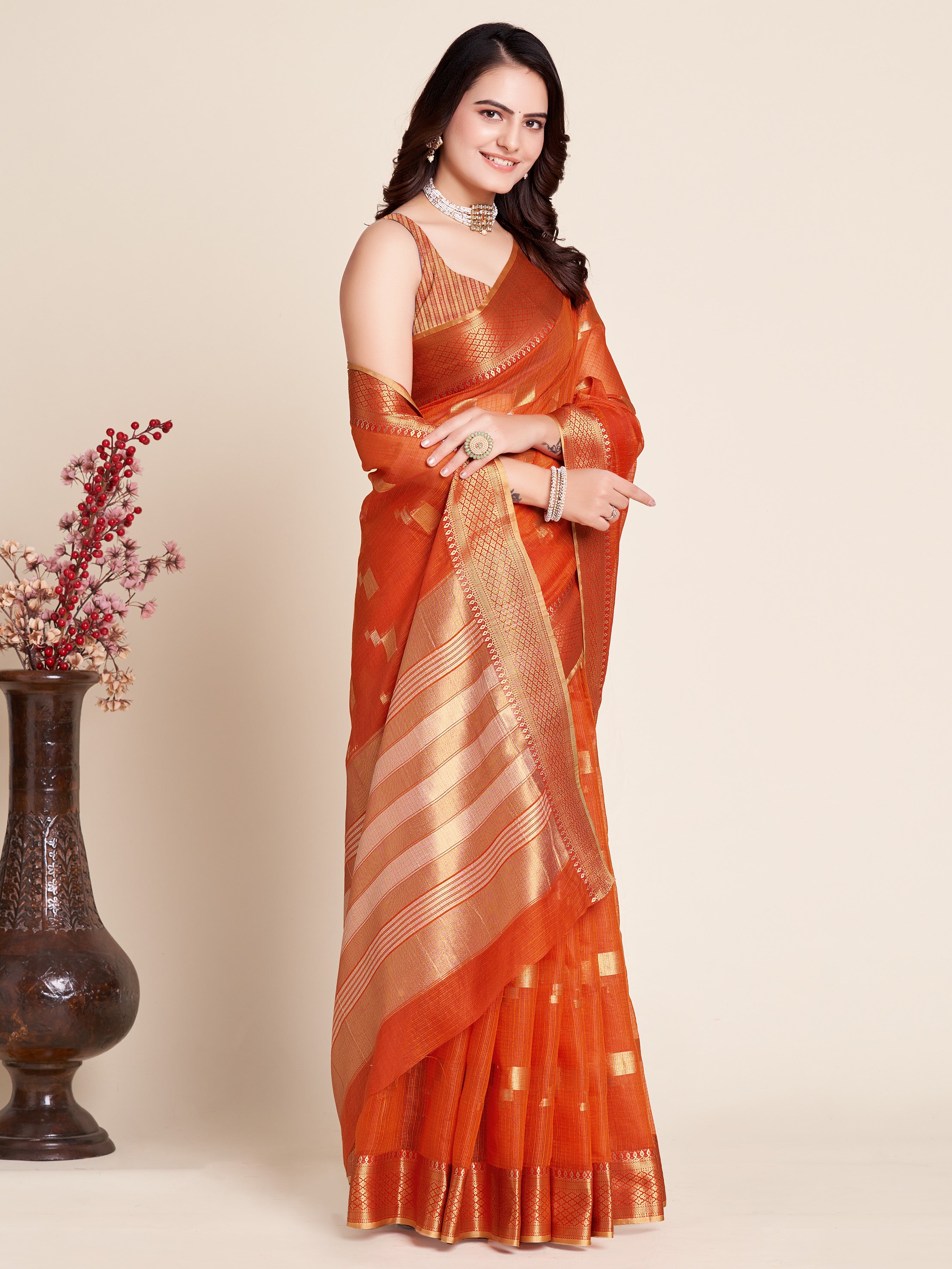 Vedant Vastram Cotton Silk Silk Jacquard Fancy Saree - Tomato - Distacart