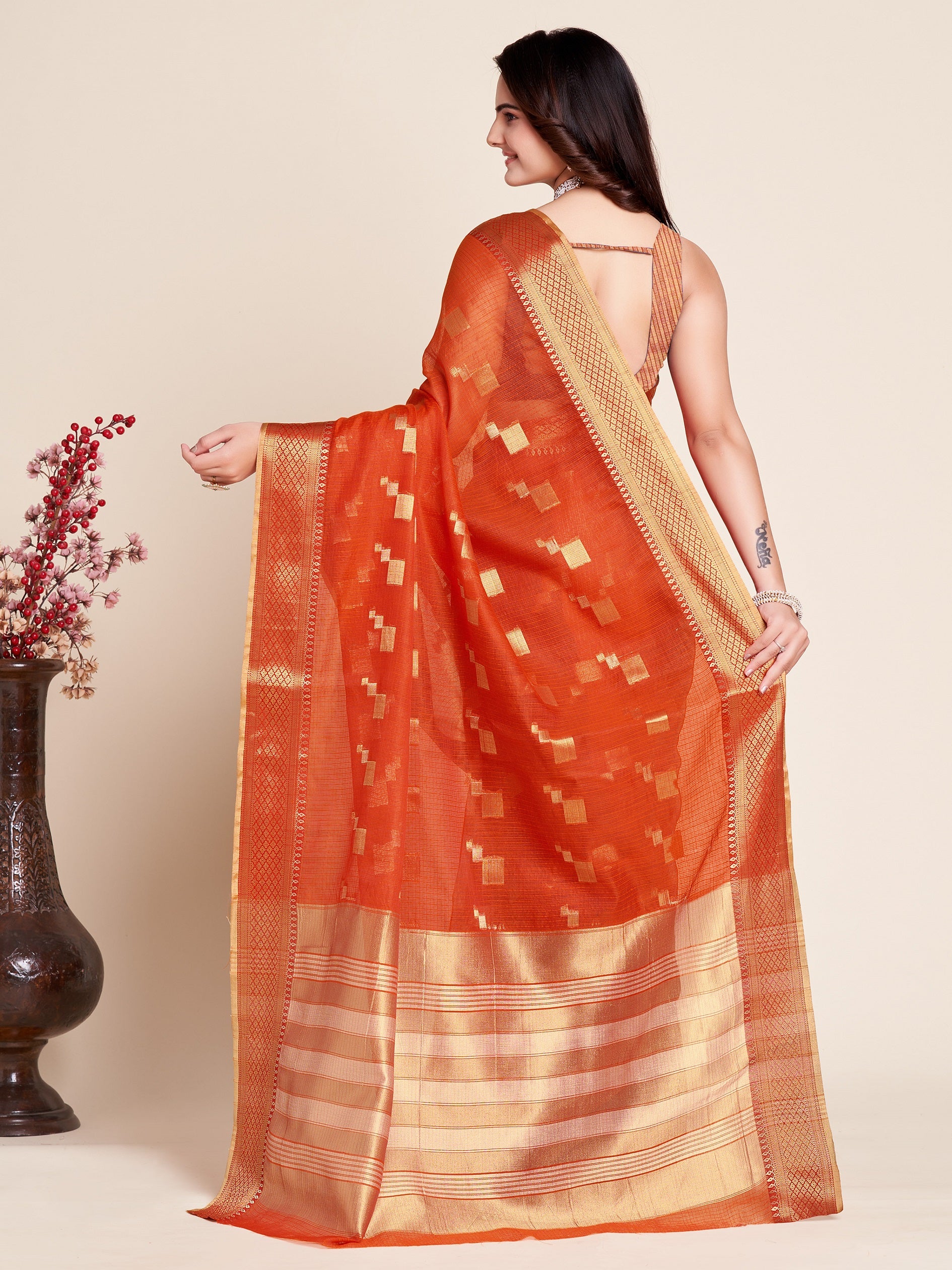 Vedant Vastram Cotton Silk Silk Jacquard Fancy Saree - Tomato - Distacart