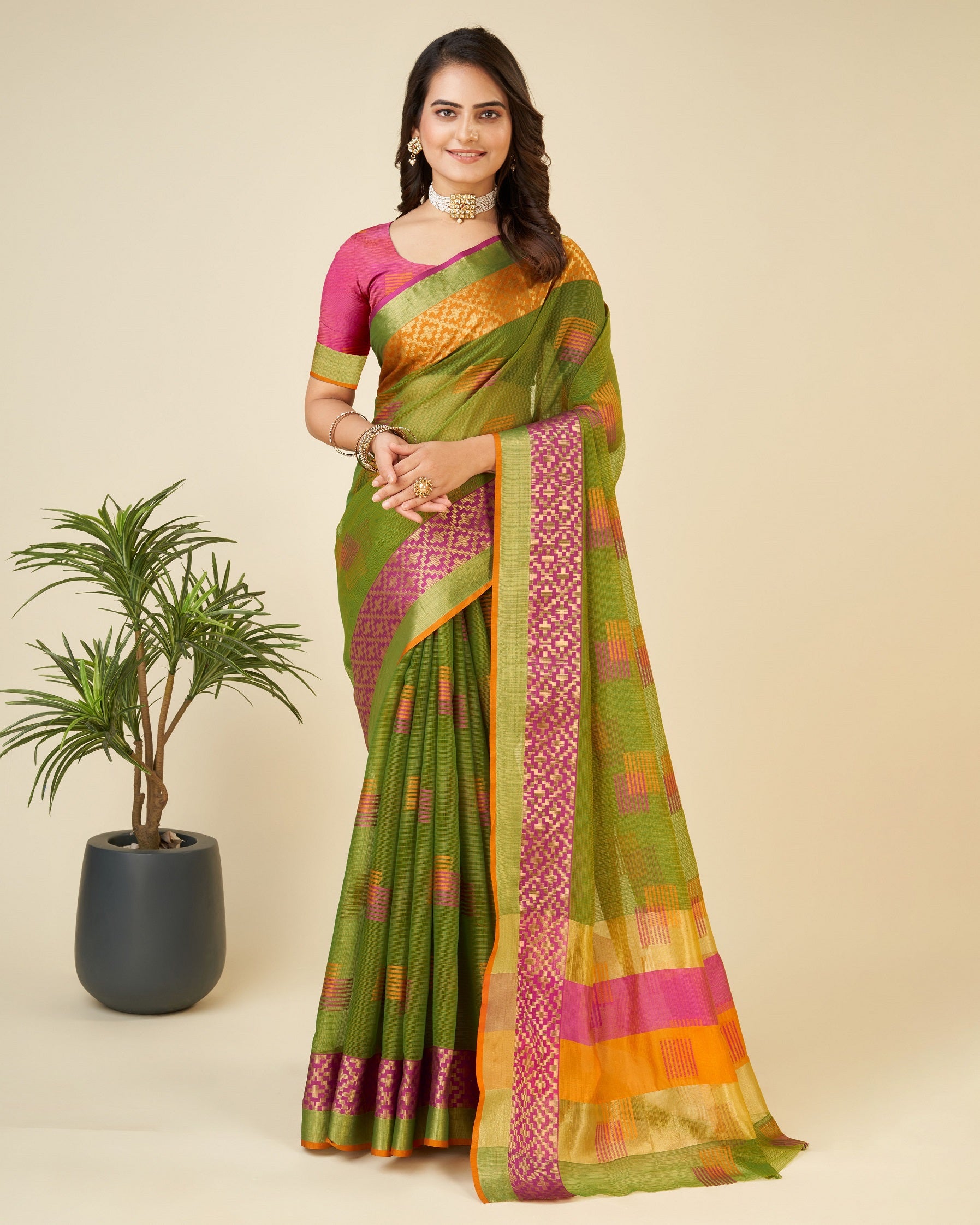 Vedant Vastram Cotton Silk Silk Jacquard Fancy Saree - Mahendi - Distacart