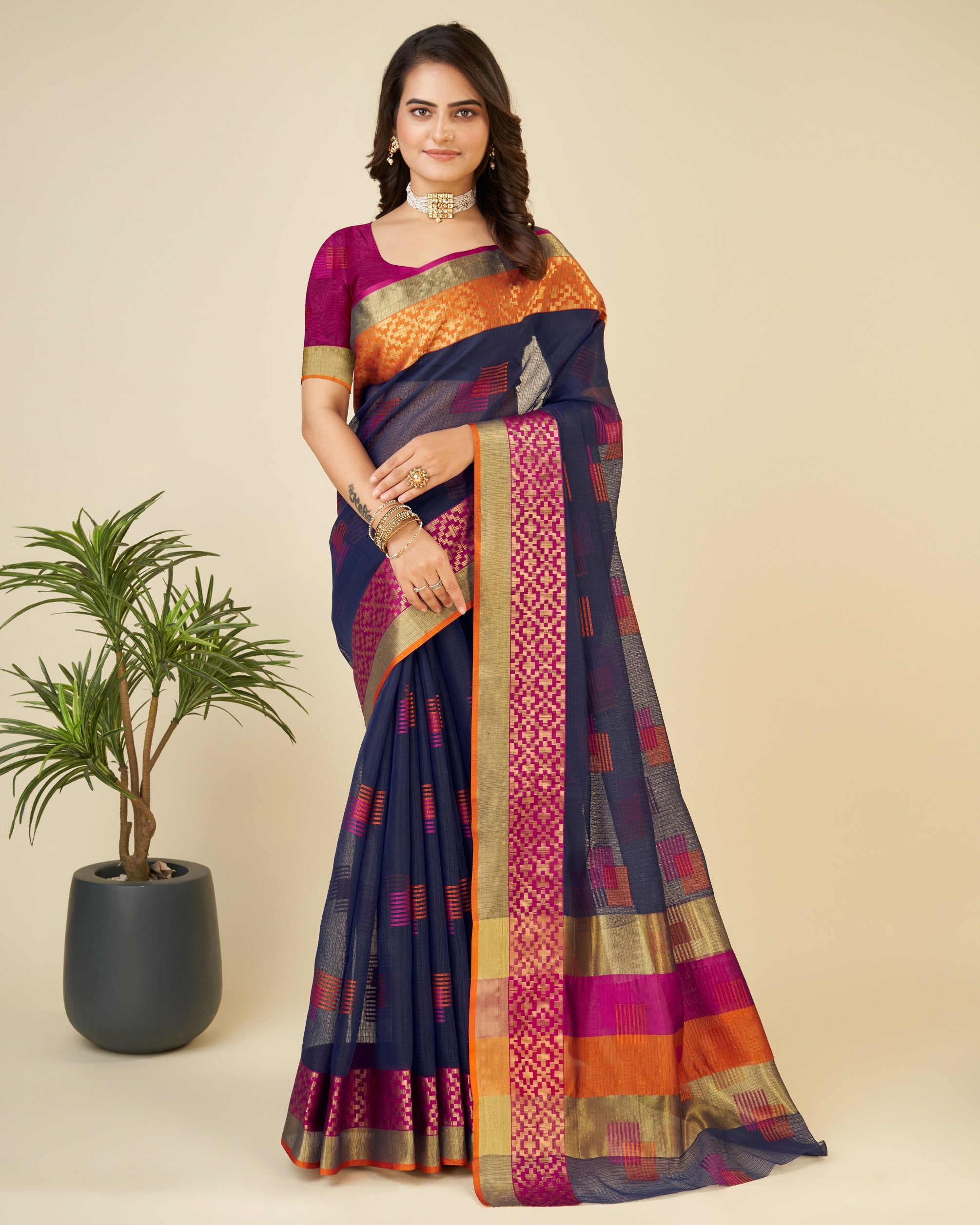 Vedant Vastram Cotton Silk Silk Jacquard Fancy Saree - Navy - Distacart