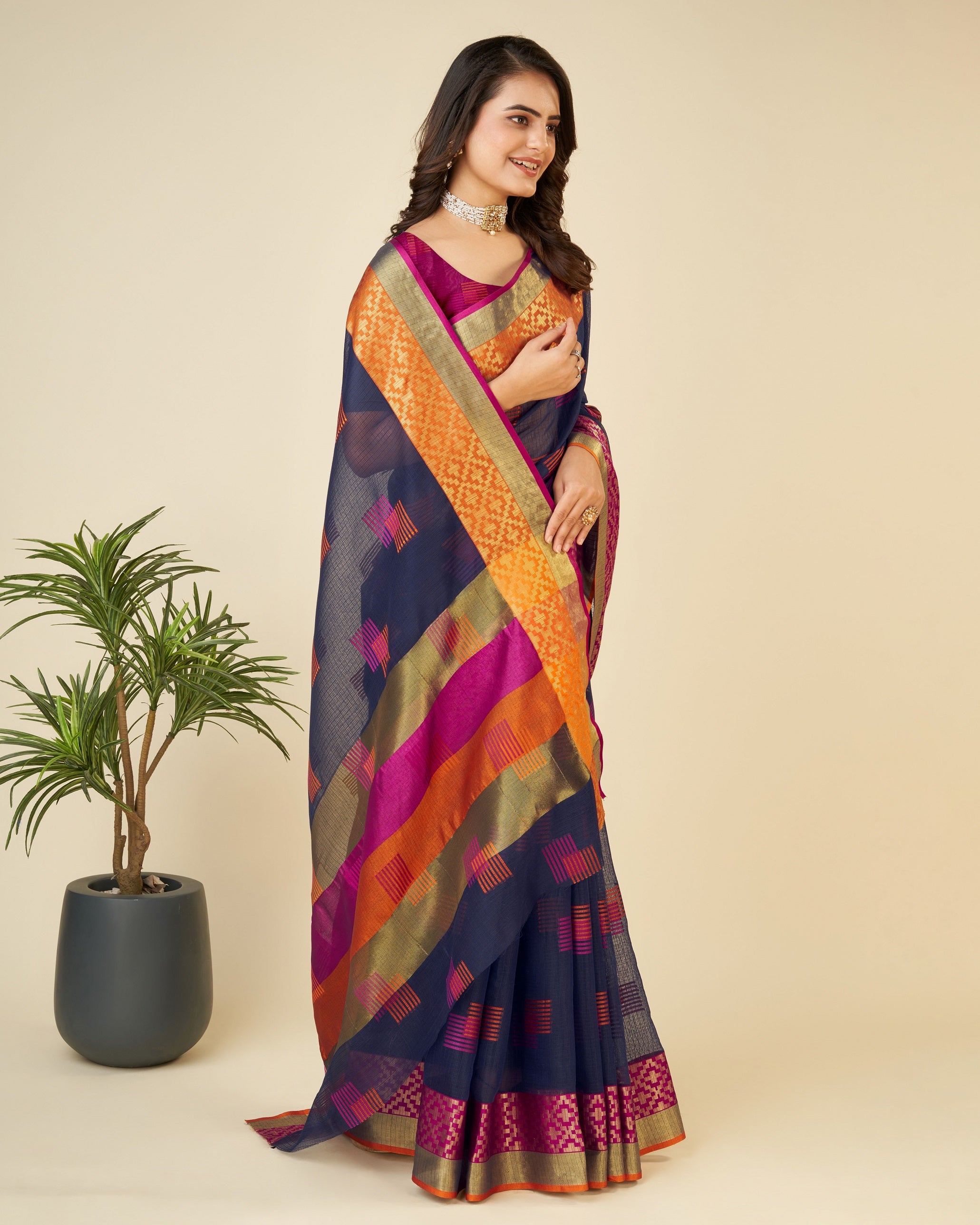 Vedant Vastram Cotton Silk Silk Jacquard Fancy Saree - Navy - Distacart