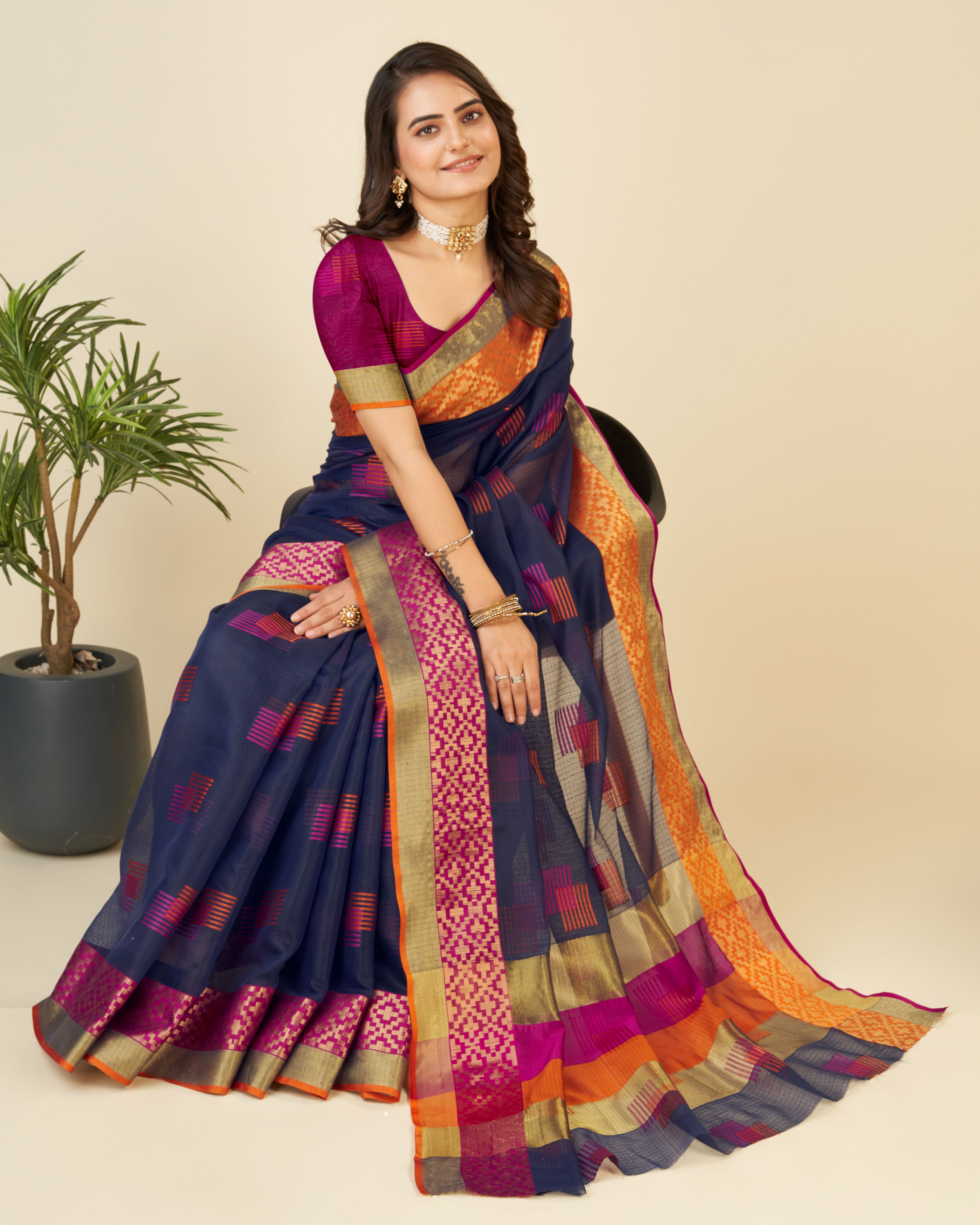 Vedant Vastram Cotton Silk Silk Jacquard Fancy Saree - Navy - Distacart