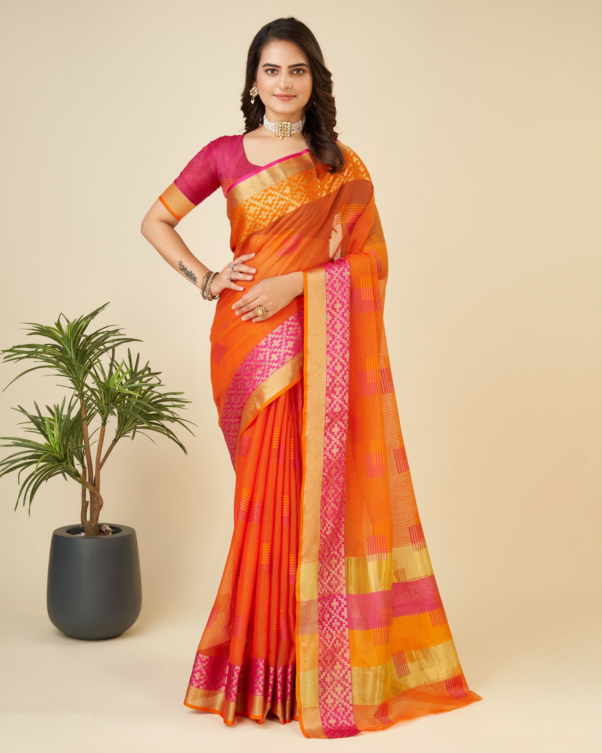 Vedant Vastram Cotton Silk Silk Jacquard Fancy Saree - Orange - Distacart