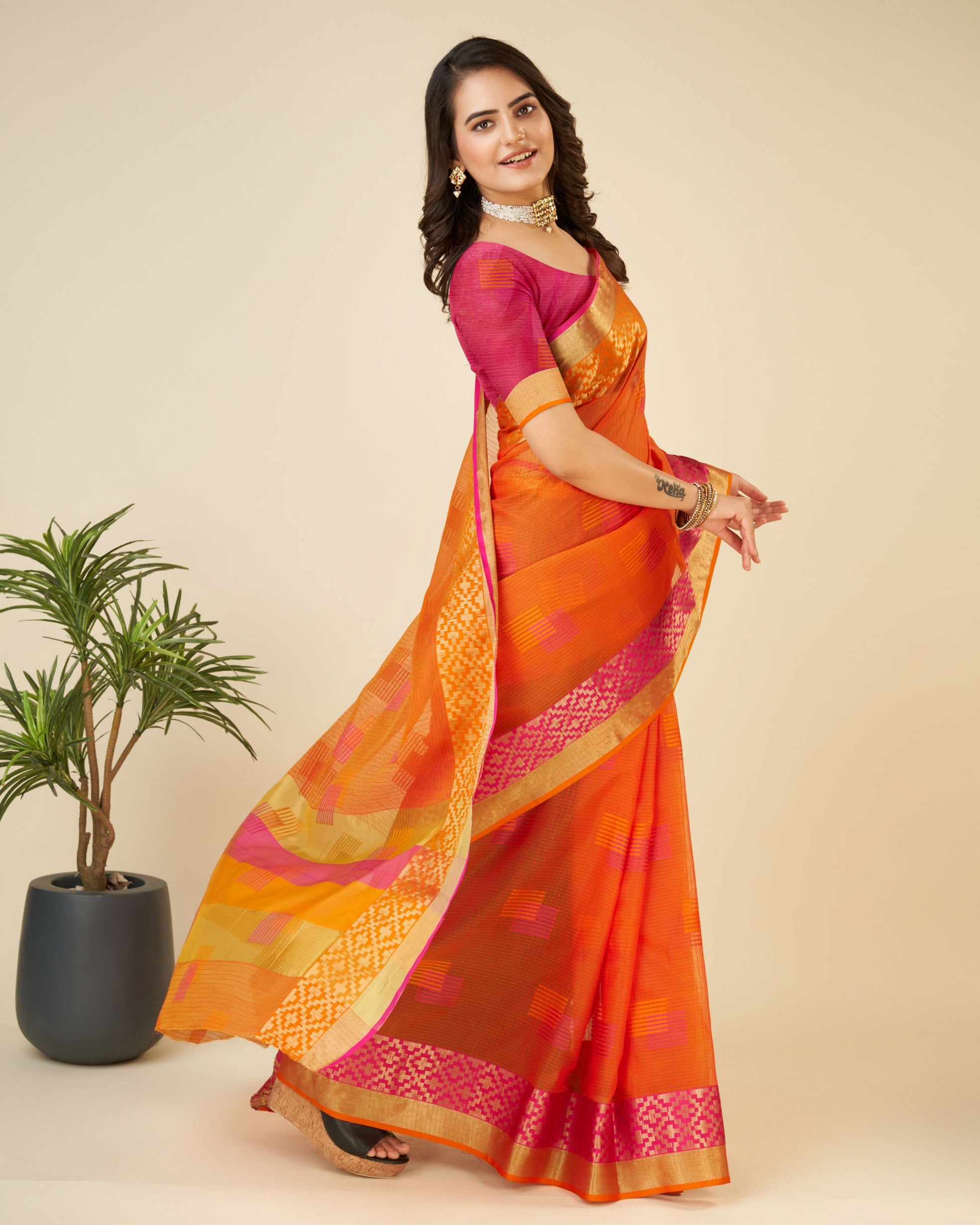 Vedant Vastram Cotton Silk Silk Jacquard Fancy Saree - Orange - Distacart