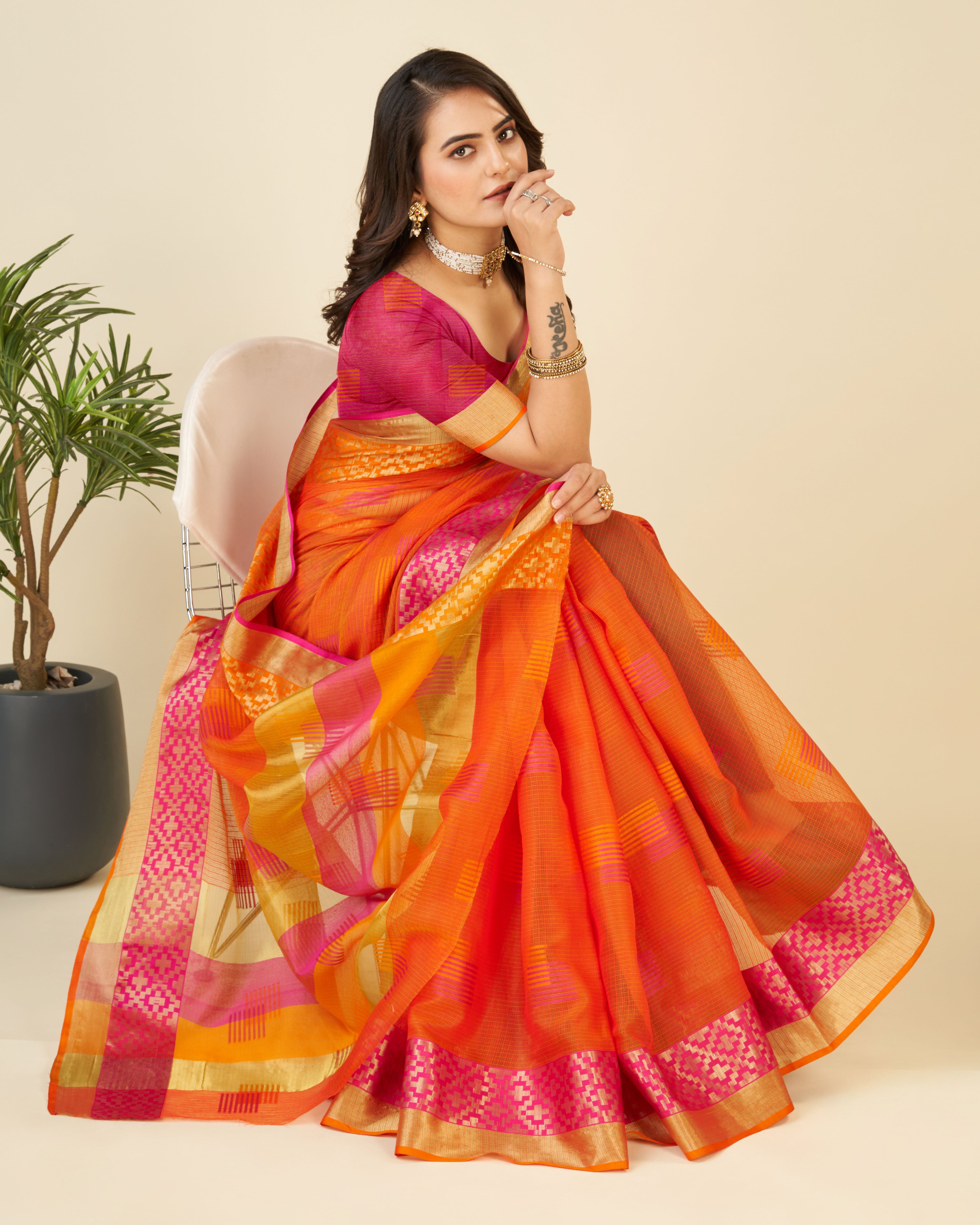 Vedant Vastram Cotton Silk Silk Jacquard Fancy Saree - Orange - Distacart