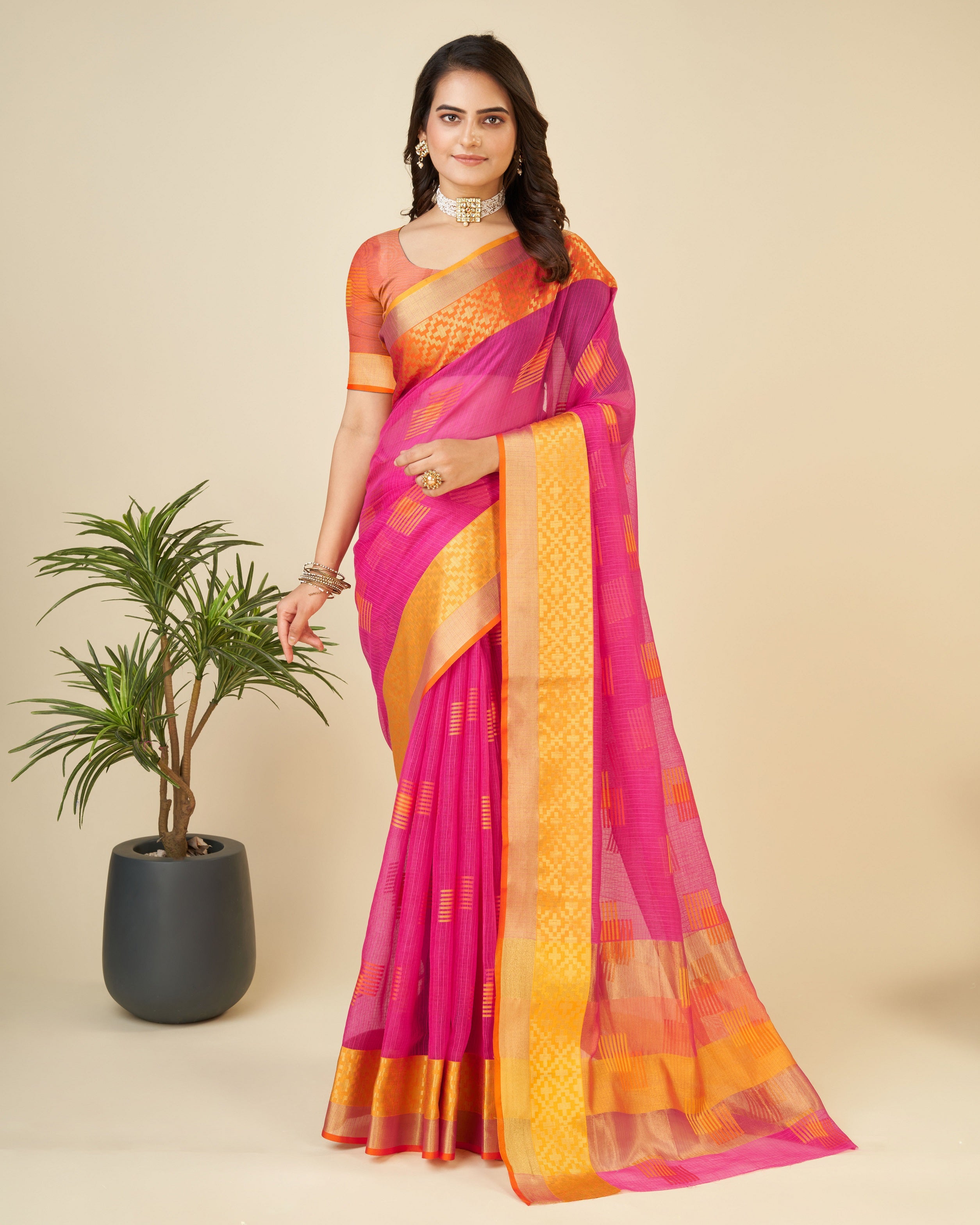Vedant Vastram Cotton Silk Silk Jacquard Fancy Saree - Pink - Distacart