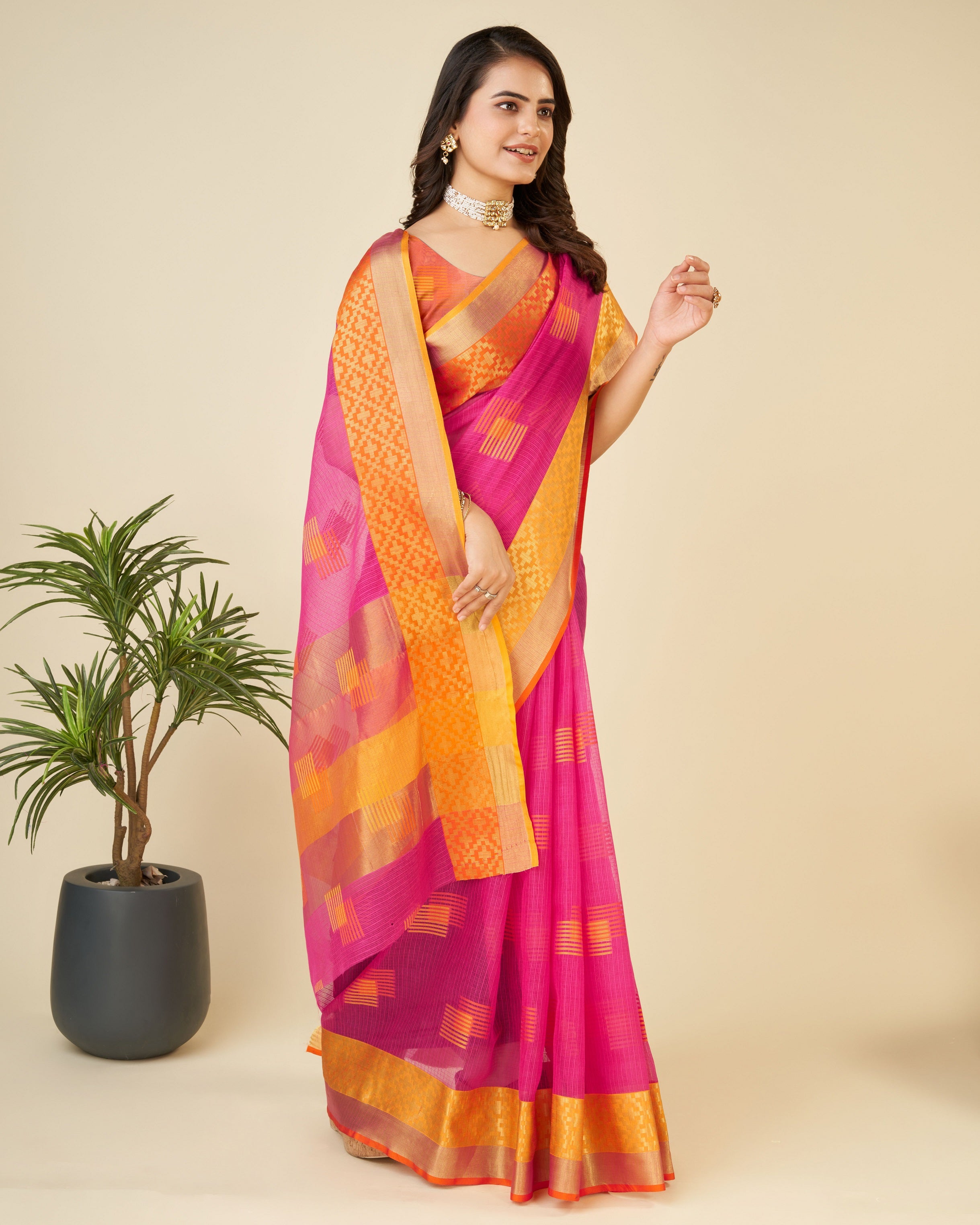 Vedant Vastram Cotton Silk Silk Jacquard Fancy Saree - Pink - Distacart