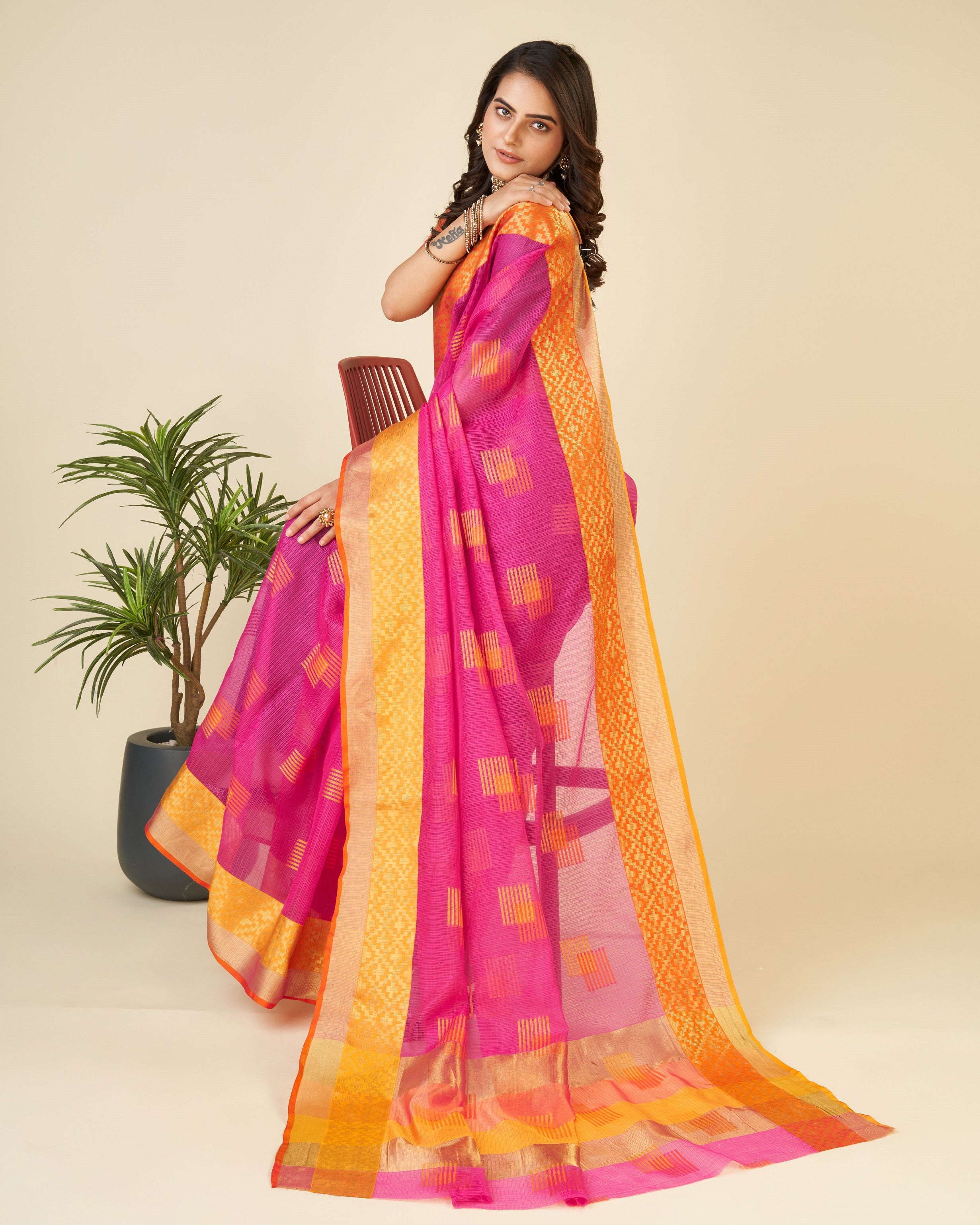 Vedant Vastram Cotton Silk Silk Jacquard Fancy Saree - Pink - Distacart