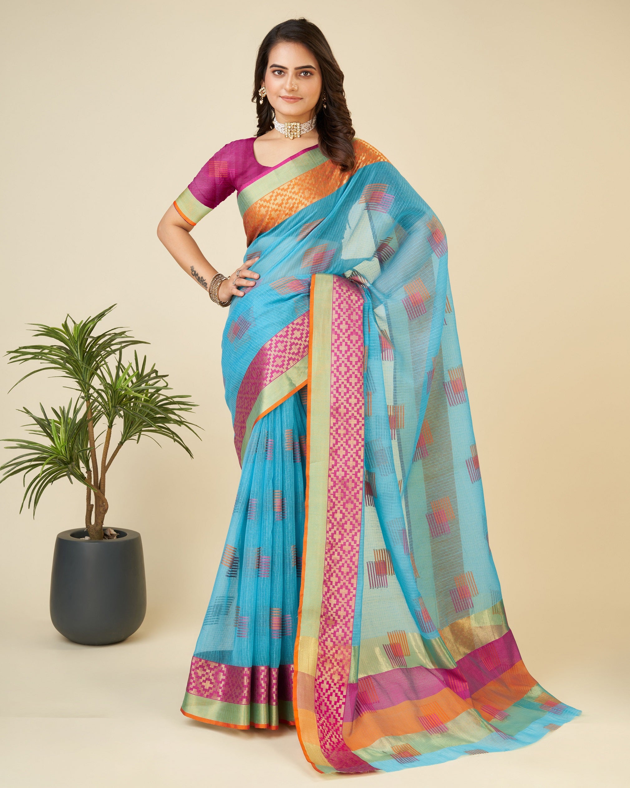 Vedant Vastram Cotton Silk Silk Jacquard Fancy Saree - Rama - Distacart