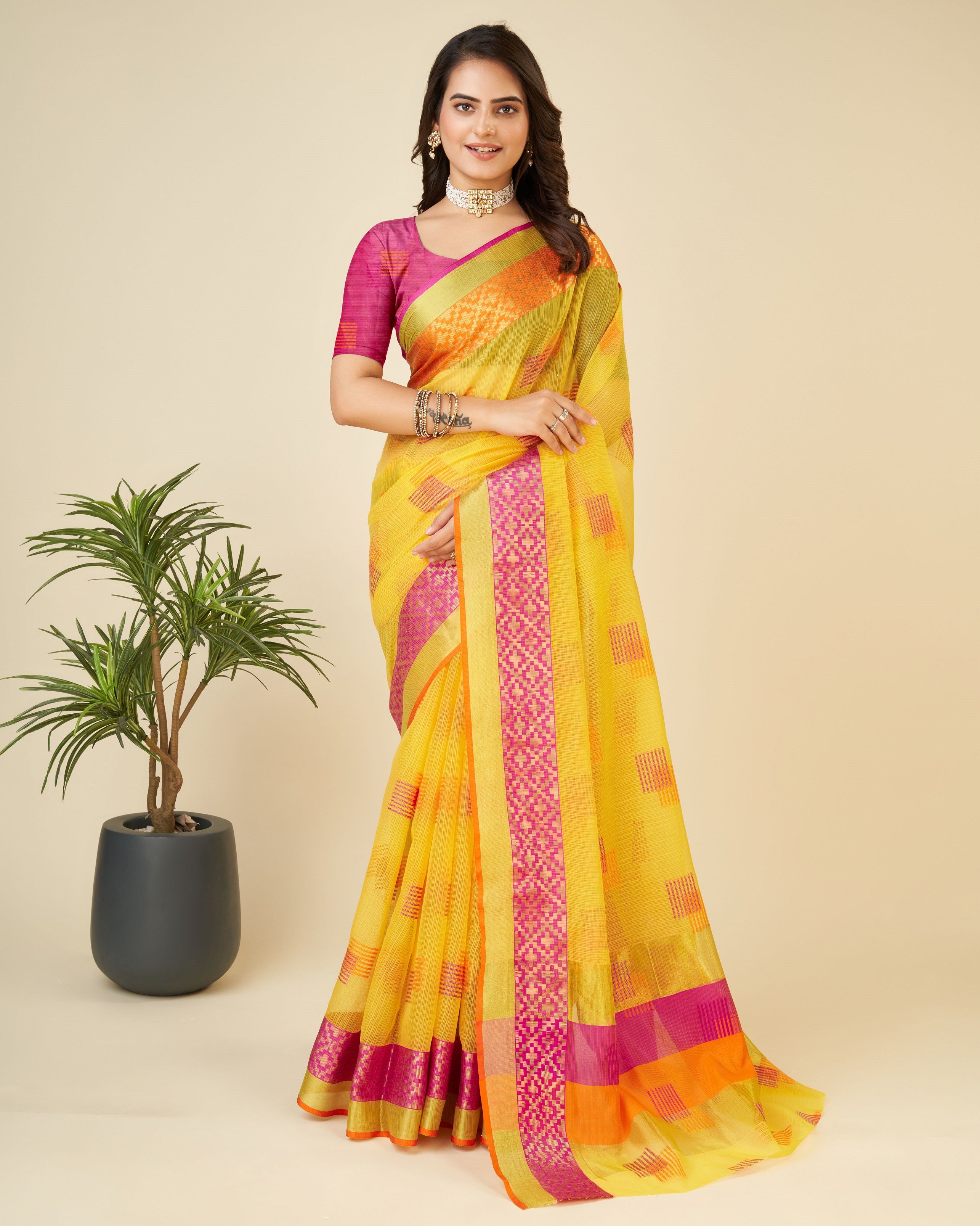 Vedant Vastram Cotton Silk Silk Jacquard Fancy Saree - Yellow - Distacart