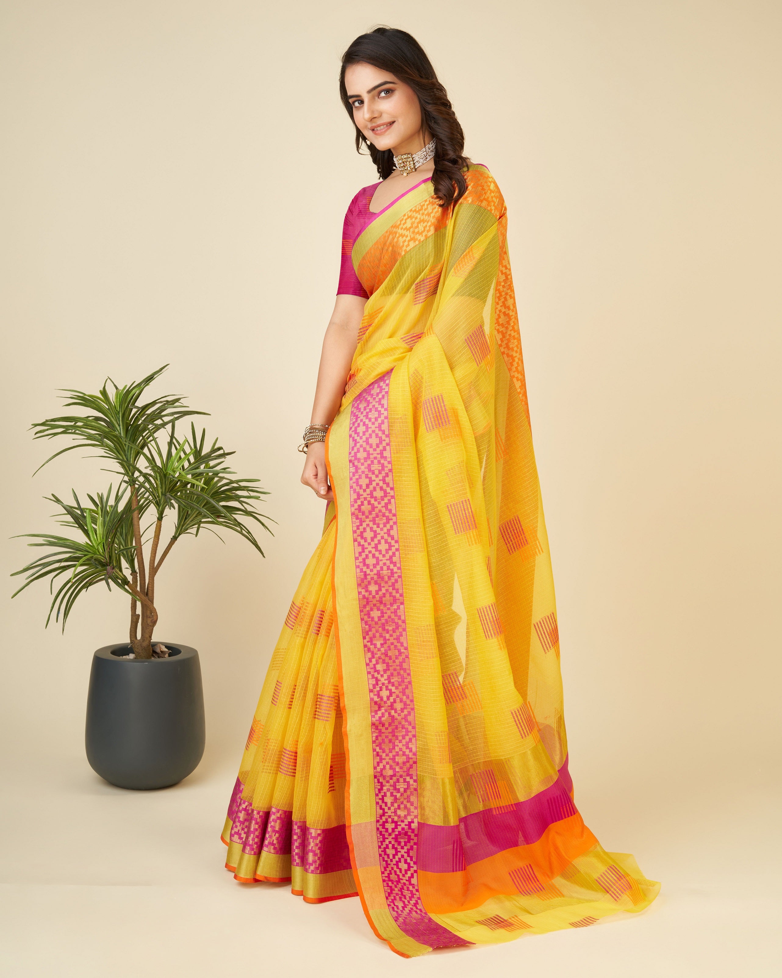 Vedant Vastram Cotton Silk Silk Jacquard Fancy Saree - Yellow - Distacart
