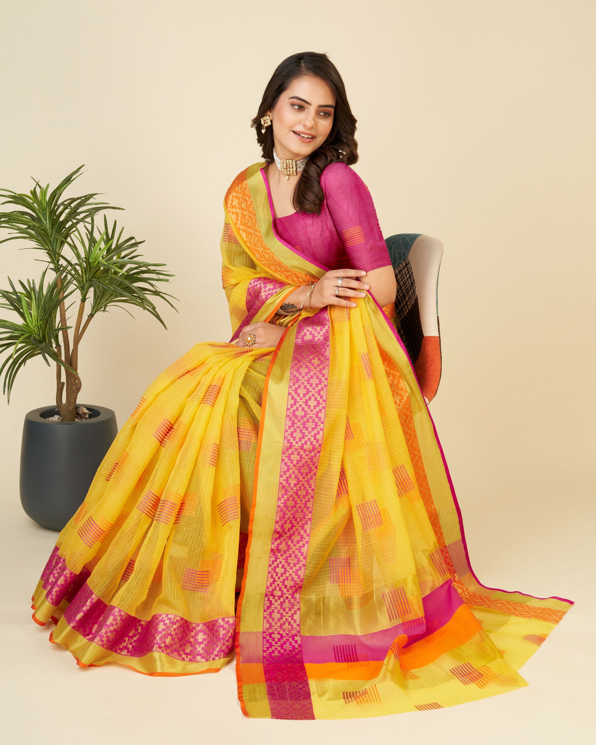 Vedant Vastram Cotton Silk Silk Jacquard Fancy Saree - Yellow - Distacart