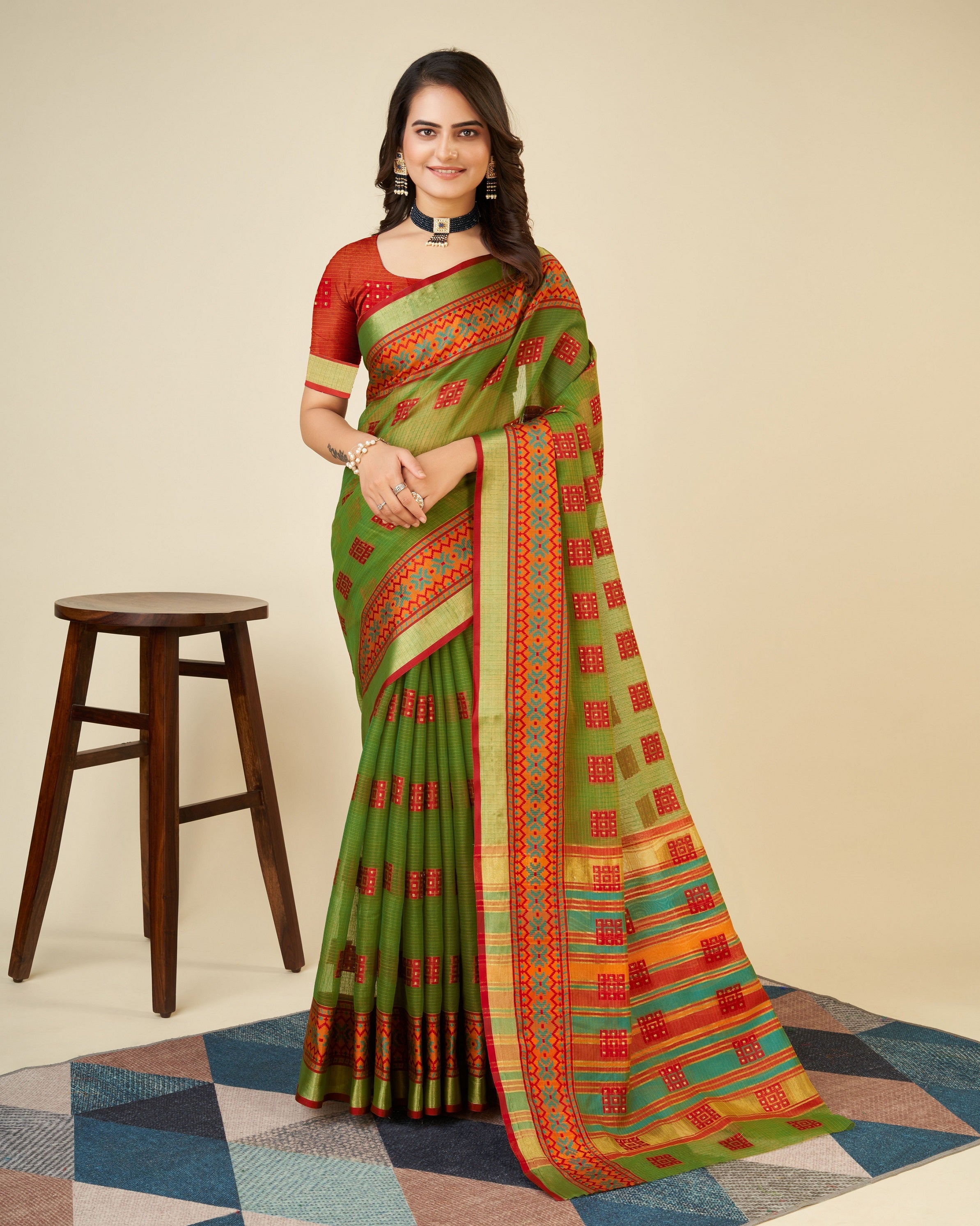 Vedant Vastram Cotton Silk Silk Jacquard Fancy Saree - Mahendi - Distacart