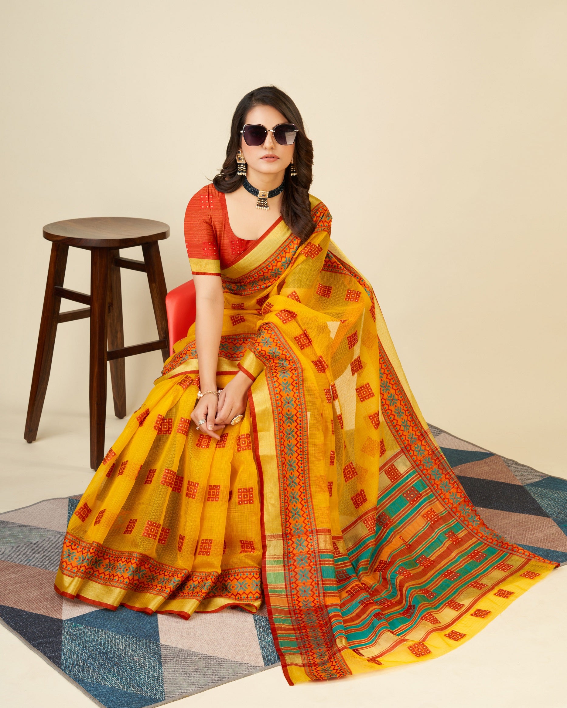 Vedant Vastram Cotton Silk Silk Jacquard Fancy Saree - Mustard - Distacart