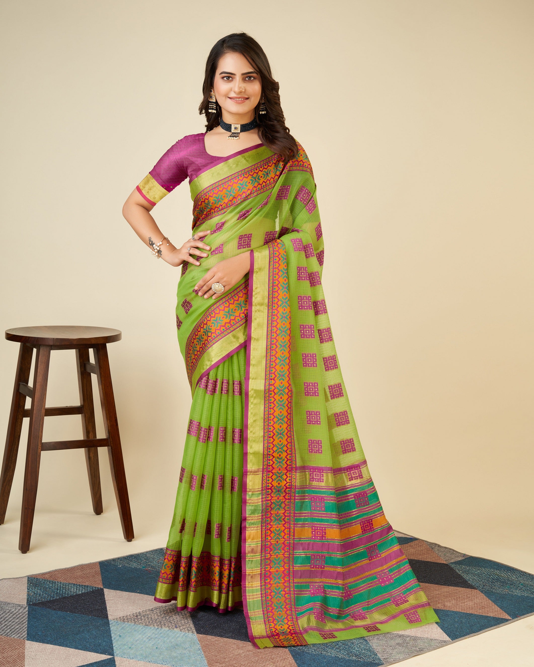 Vedant Vastram Cotton Silk Silk Jacquard Fancy Saree - Olive - Distacart
