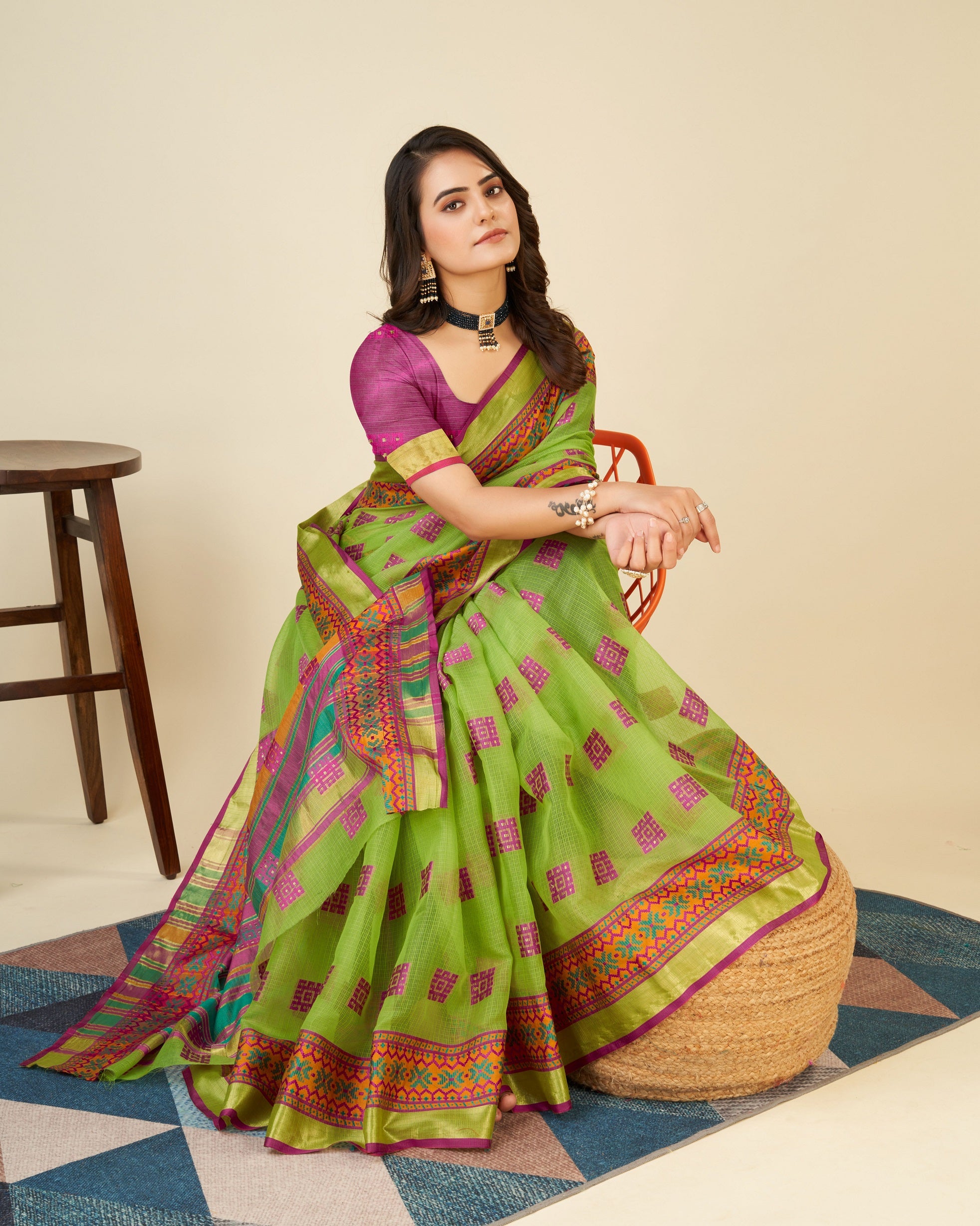 Vedant Vastram Cotton Silk Silk Jacquard Fancy Saree - Olive - Distacart
