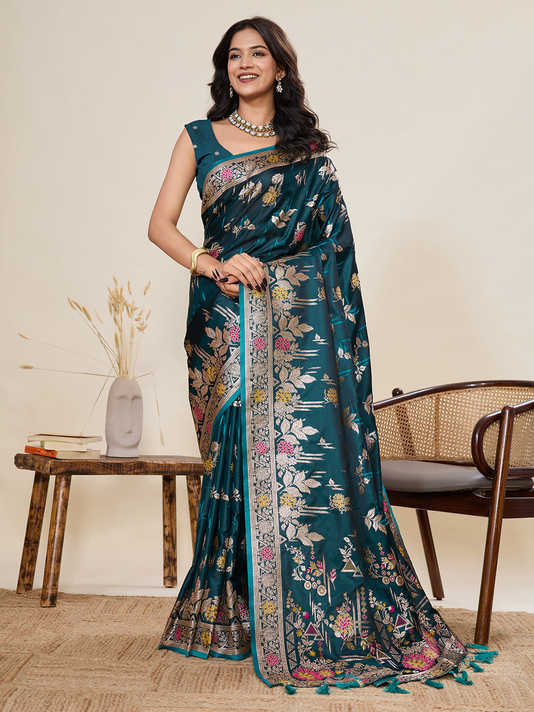 Vedant Vastram Soft Litchi Silk Banarasi Silk Jacquard Saree - Firozi - Dista