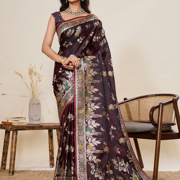 Vedant Vastram Soft Litchi Silk Banarasi Silk Jacquard Saree - Maroon - Dista