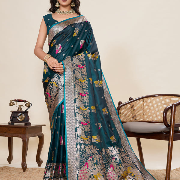 Vedant Vastram Soft Litchi Silk Banarasi Silk Jacquard Saree - Firozi - Dista
