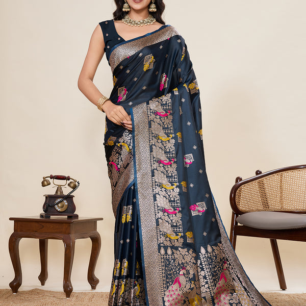 Vedant Vastram Soft Litchi Silk Banarasi Silk Jacquard Saree - Navy Blue - Dista