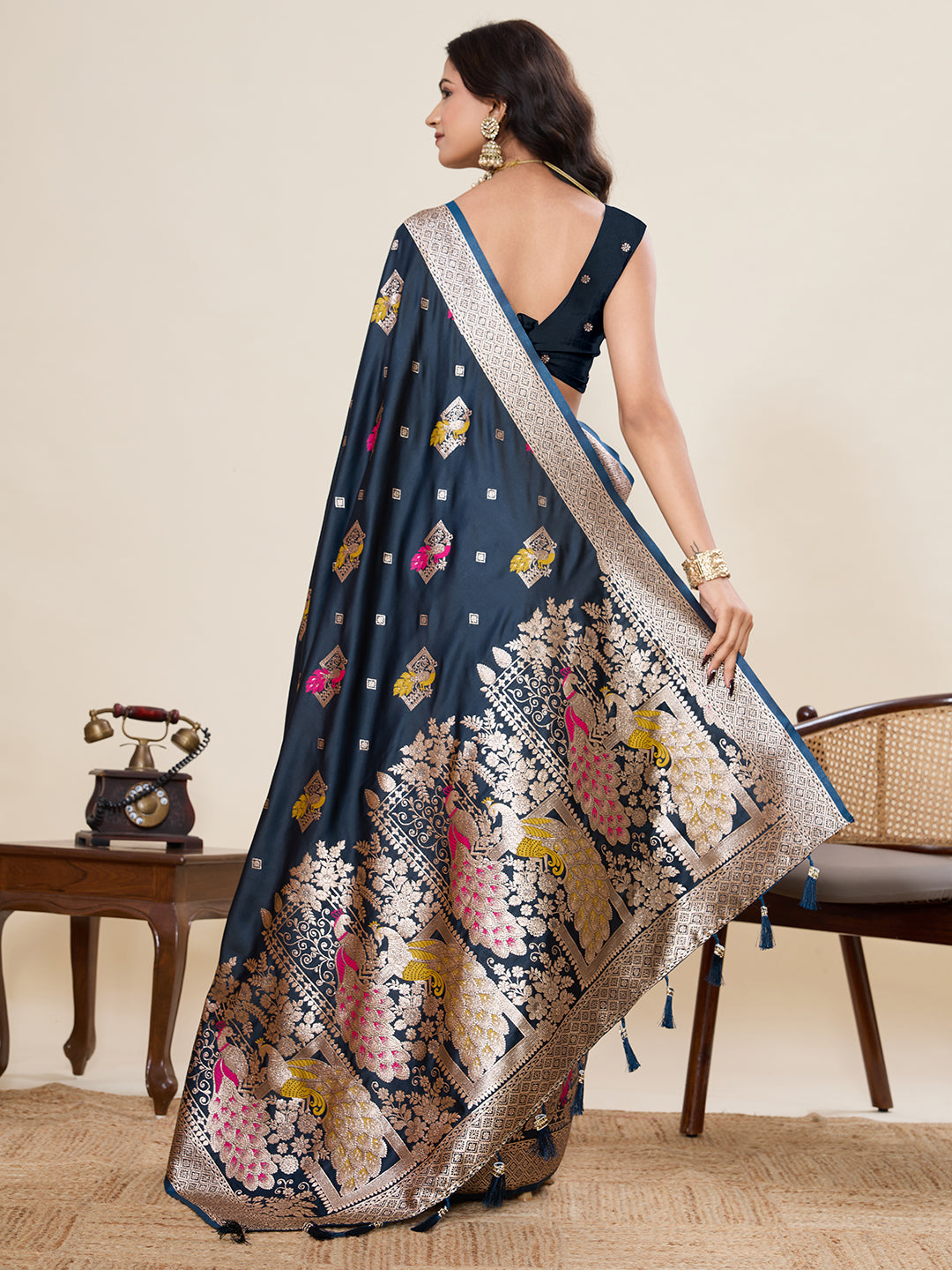 Vedant Vastram Soft Litchi Silk Banarasi Silk Jacquard Saree - Navy Blue - Dista