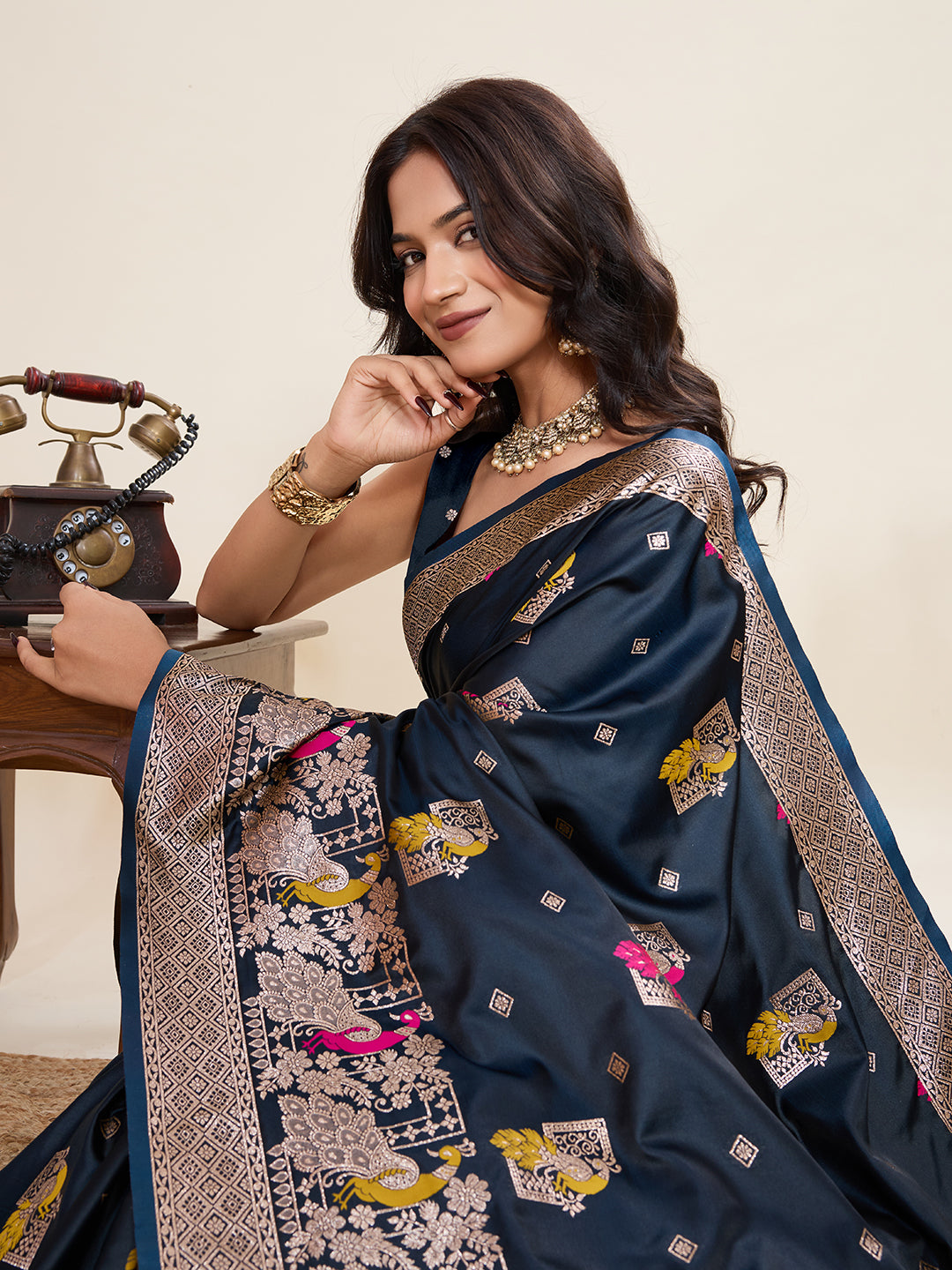 Vedant Vastram Soft Litchi Silk Banarasi Silk Jacquard Saree - Navy Blue - Dista