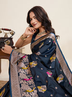Thumbnail for Vedant Vastram Soft Litchi Silk Banarasi Silk Jacquard Saree - Navy Blue - Dista