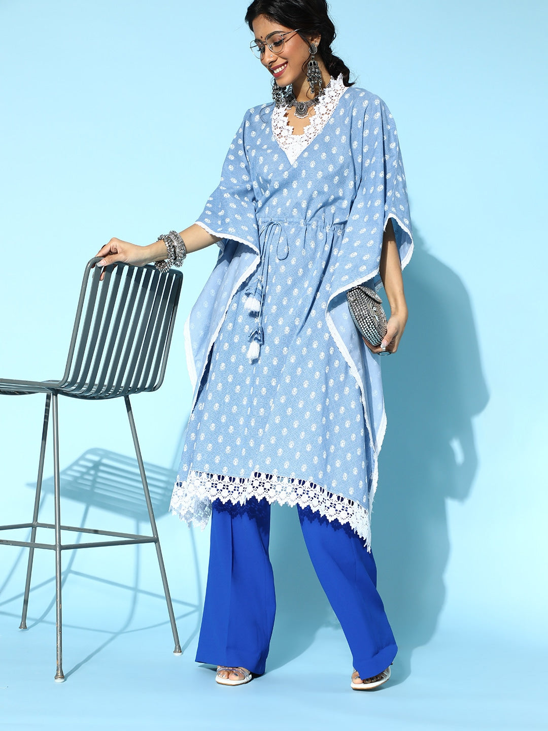 Yufta Stunning Blue Printed Kaftan Kurta - Distacart