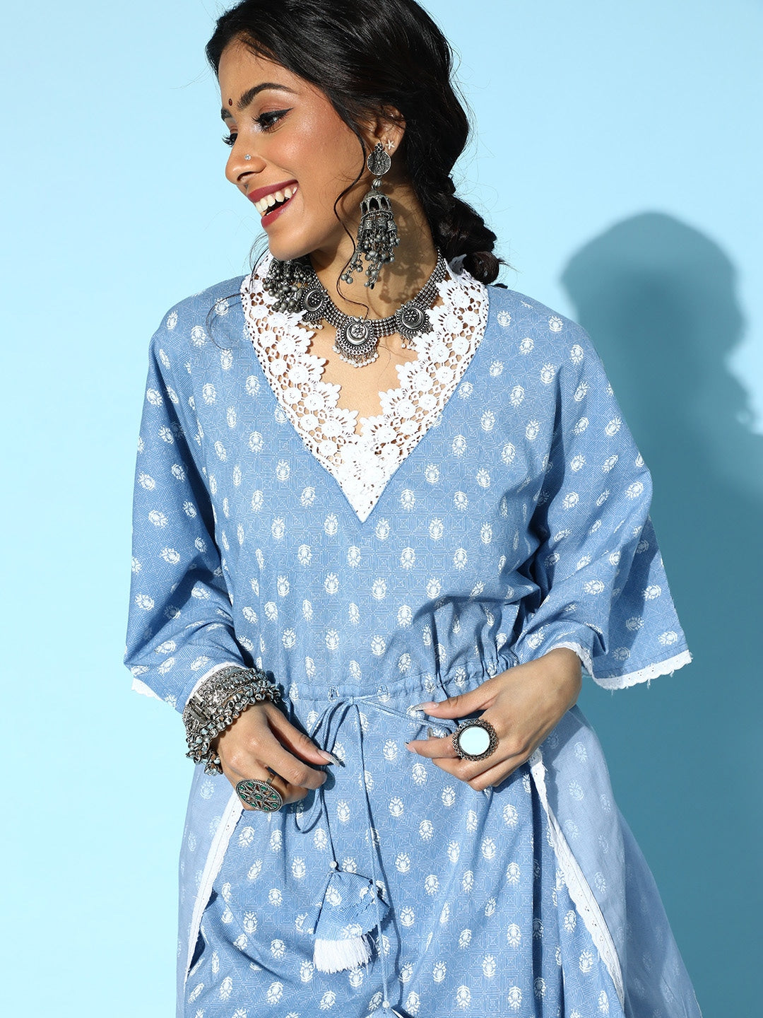 Yufta Stunning Blue Printed Kaftan Kurta - Distacart