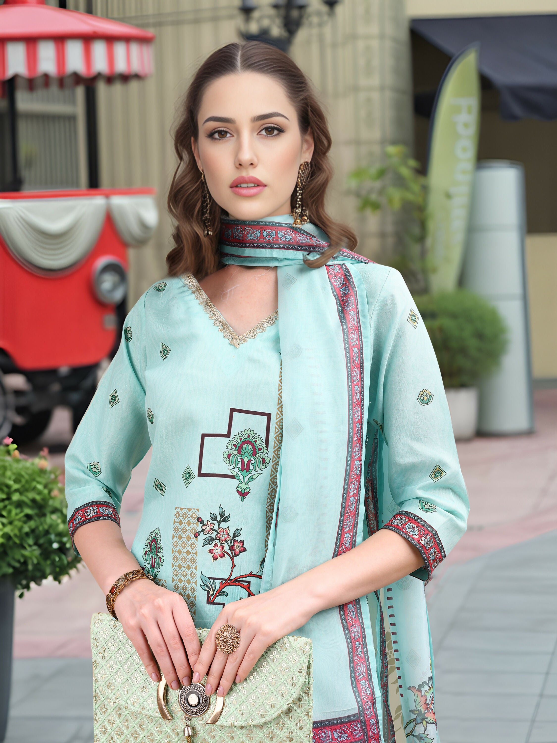 Joban Fashion Sky Blue Positive Digital Print With Position Foil Kurta Set