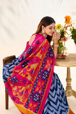 Thumbnail for Vastranavya Blue Tussar Silk Zigzag Waves Printed Saree with Unstitched Blouse - Distacart
