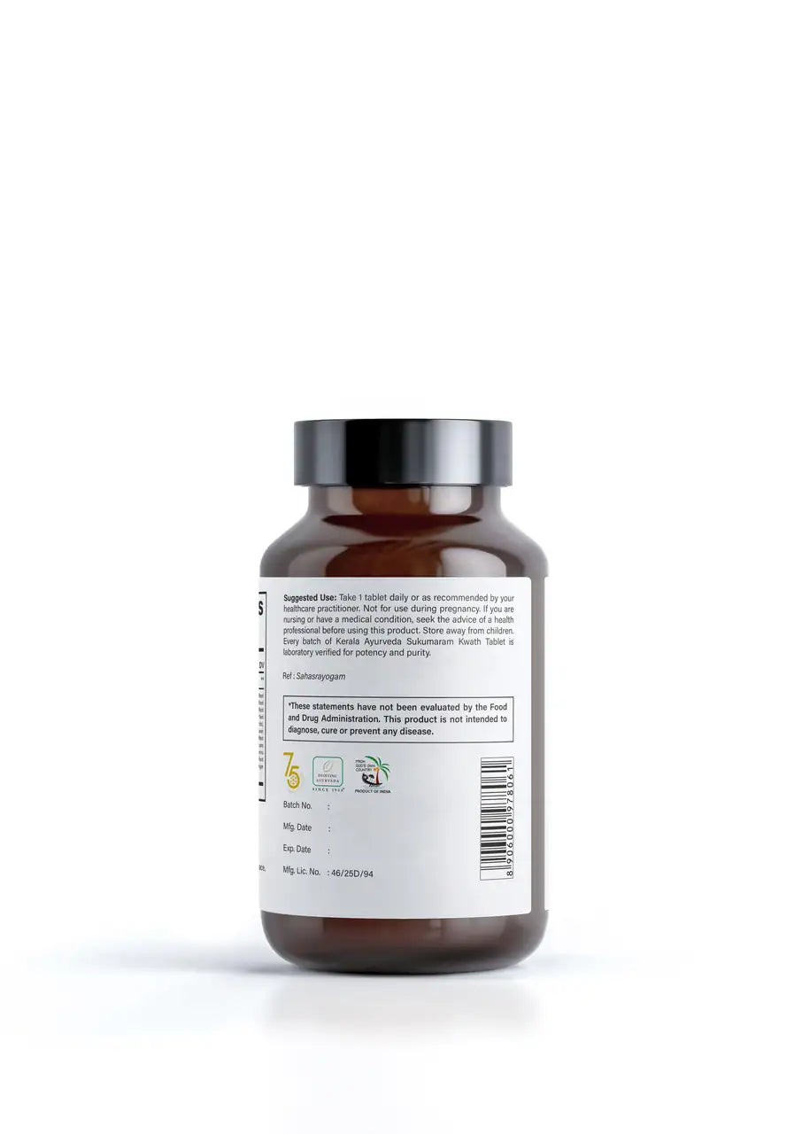A back lable bottle of digestive supplement, Sukumaram Kwath Tablets with the label Kerala Ayurveda. 