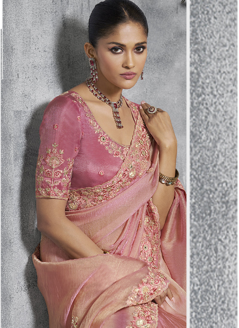 Vegaa Fashion Peach Silk Embroidered Wedding Wear Saree