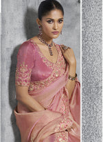 Thumbnail for Vegaa Fashion Peach Silk Embroidered Wedding Wear Saree