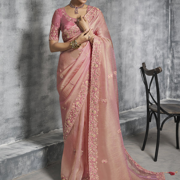 Vegaa Fashion Peach Silk Embroidered Wedding Wear Saree