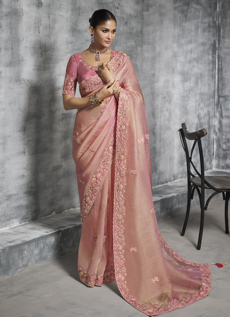 Vegaa Fashion Peach Silk Embroidered Wedding Wear Saree - Dista