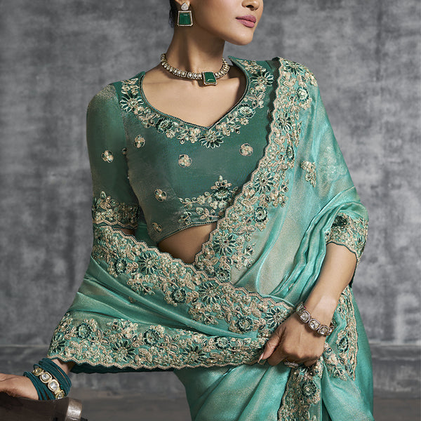 Vegaa Fashion Turquoise Silk Embroidered Wedding Wear Saree