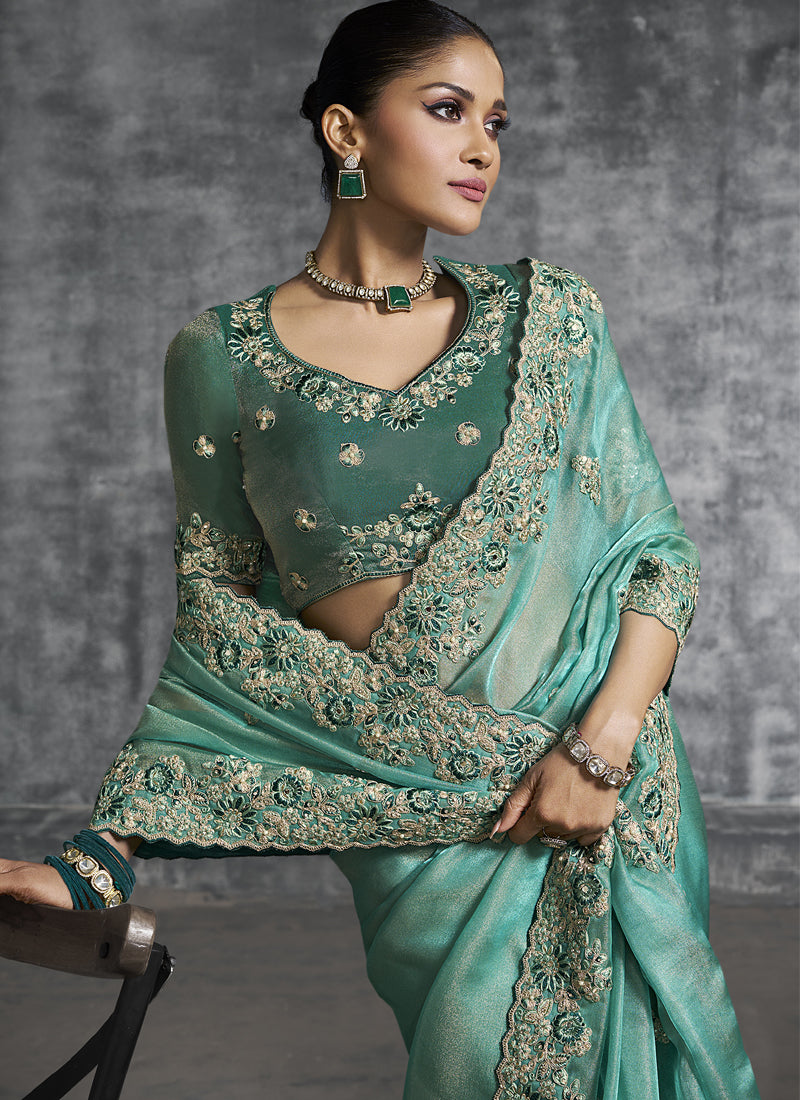 Vegaa Fashion Turquoise Silk Embroidered Wedding Wear Saree - Dista