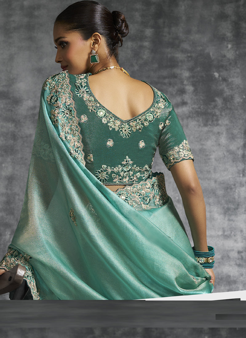 Vegaa Fashion Turquoise Silk Embroidered Wedding Wear Saree