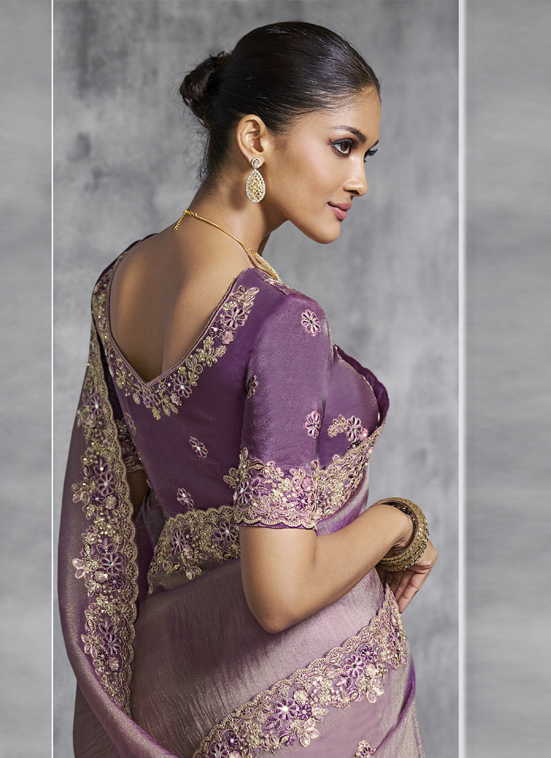 Vegaa Fashion Lavender Silk Embroidered Wedding Wear Saree