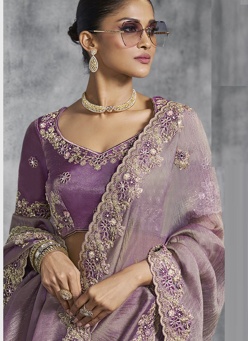 Vegaa Fashion Lavender Silk Embroidered Wedding Wear Saree