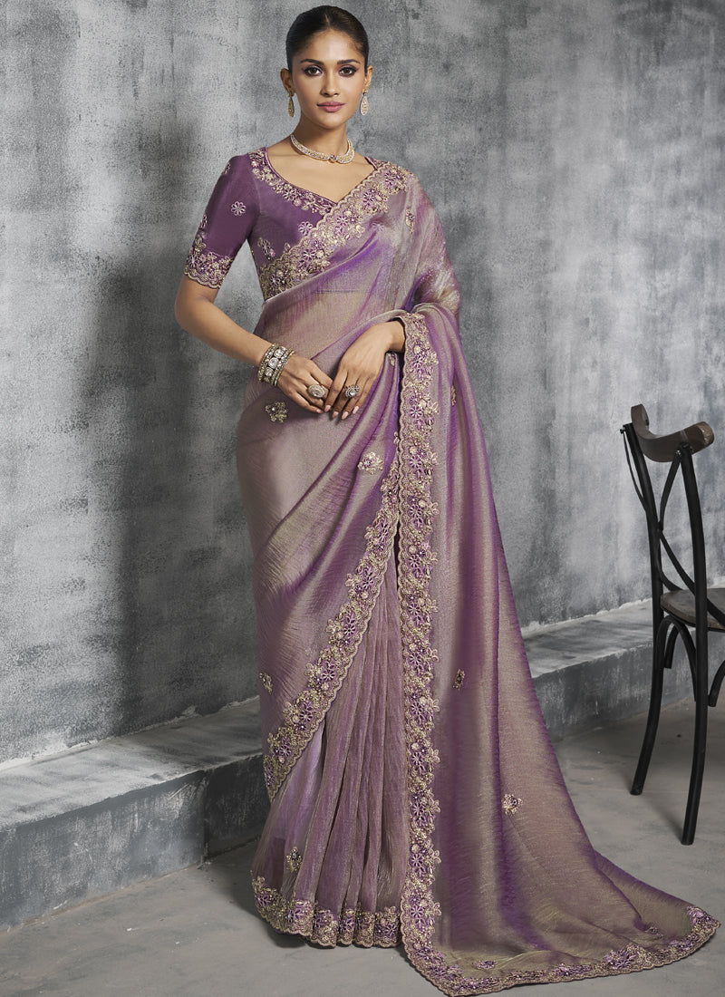 Vegaa Fashion Lavender Silk Embroidered Wedding Wear Saree