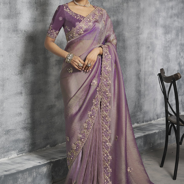 Vegaa Fashion Lavender Silk Embroidered Wedding Wear Saree