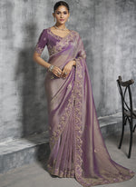 Thumbnail for Vegaa Fashion Lavender Silk Embroidered Wedding Wear Saree