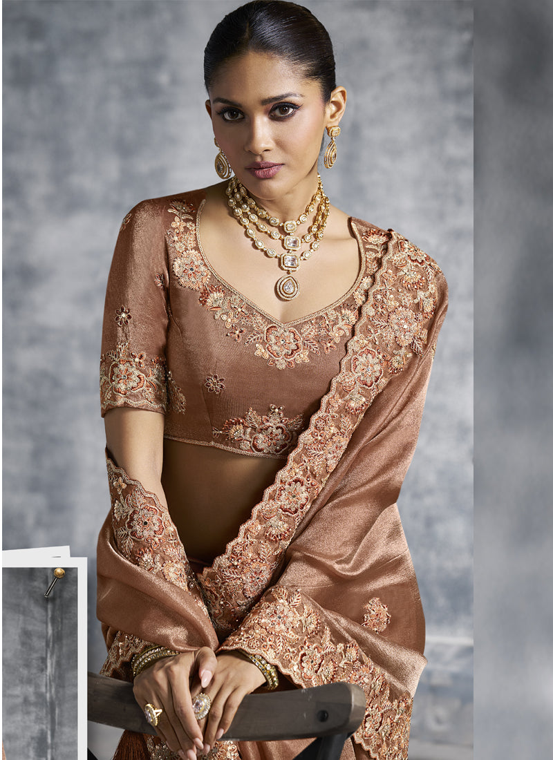 Vegaa Fashion Brown Embroidered Wedding Wear Saree