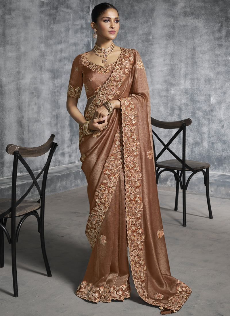 Vegaa Fashion Brown Embroidered Wedding Wear Saree