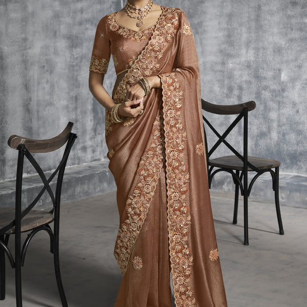 Vegaa Fashion Brown Embroidered Wedding Wear Saree - Dista