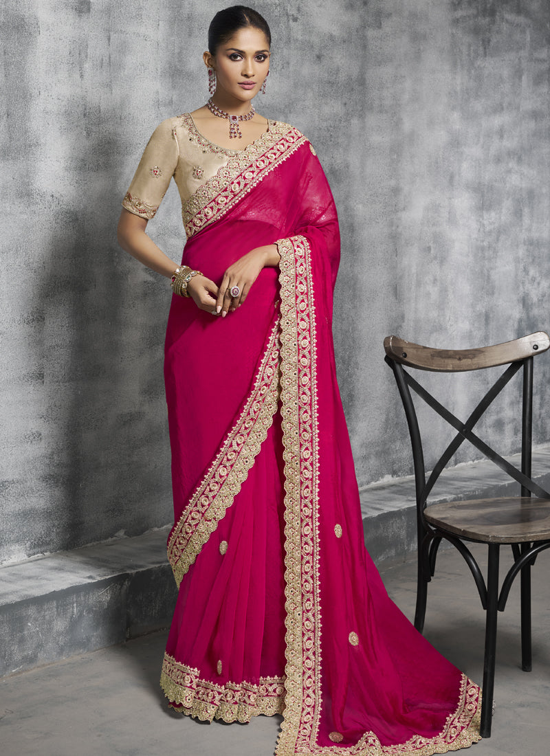 Vegaa Fashion Red Silk Embroidered Wedding Wear Saree