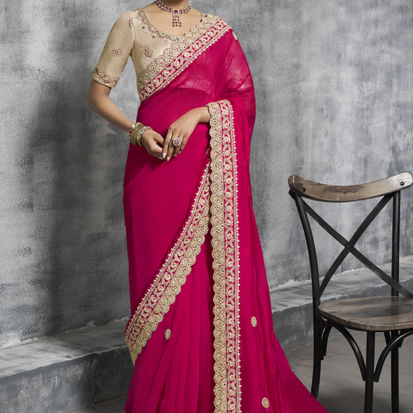Vegaa Fashion Red Silk Embroidered Wedding Wear Saree